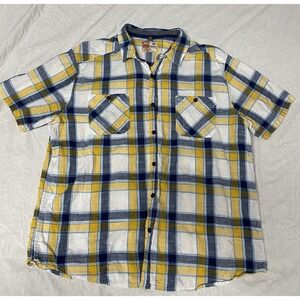 Ruff Hewn Mens XL Plaid Short Sleeve Button Up Shirt Yellow Blue Cotton